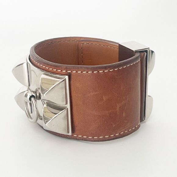 Hermès Collier De Chien CDC Bracelet Leather Brown Palladium Sz Small T1 Barenia - Picture 5 of 16
